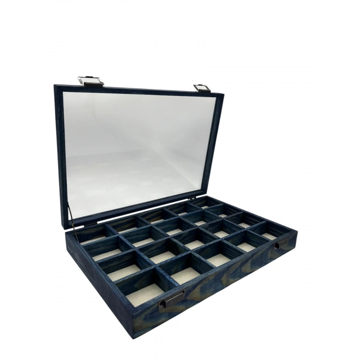 Ahşap El Boyaması Çift Renk 24x34 Cm Cam Kapak 20 Bölmeli  Standı