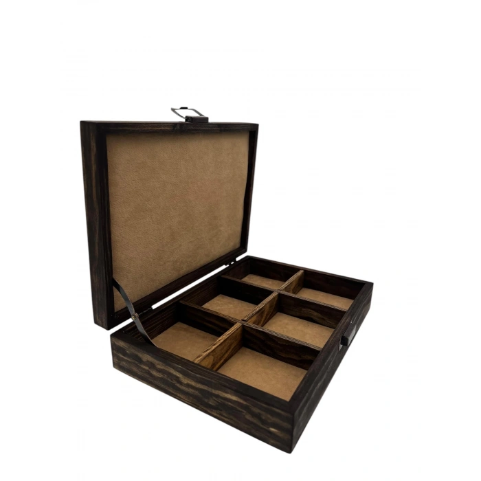 Ahşap El Boyaması Çift Renk 17x24 Cm Deri  Kapak 6 Bölmeli Takı  Standı