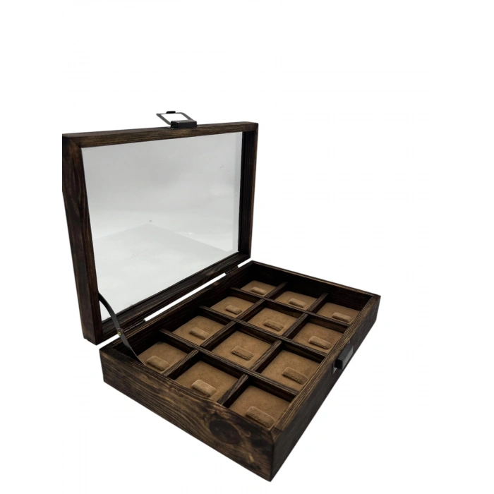 Ahşap El Boyaması Çift Renk 17x24 Cm Cam Kapak Çıtalı Yüzük Standı