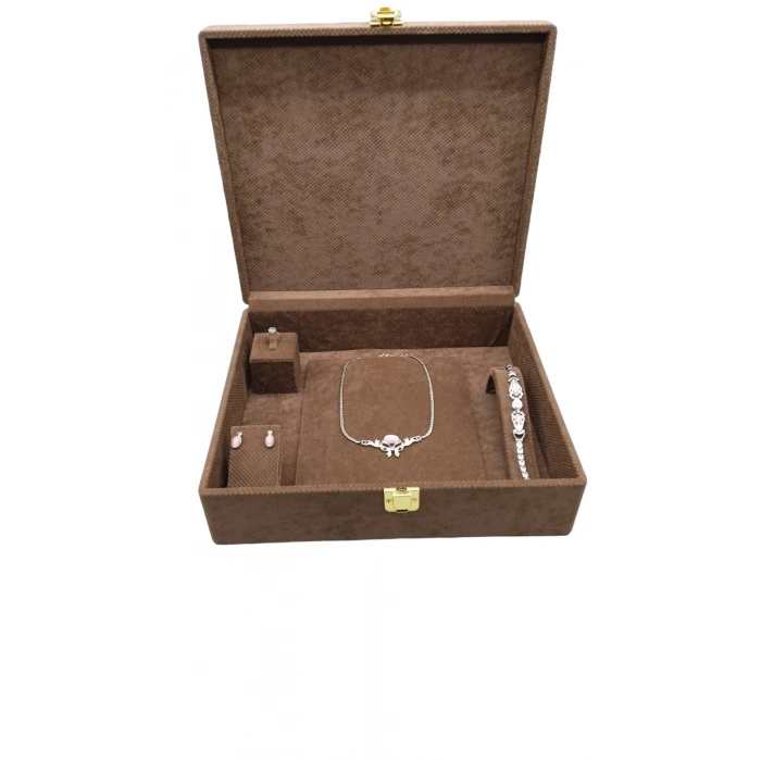 Yeni Keten Kumaş Kahve Renk 35/30/10 cm Takı Sergileme Saklama Kutusu