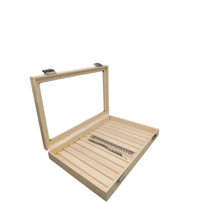 Yeni Cam Kapaklı İmera Deri Kumaş Krem Renk 34 cm / 24 cm Bölmeli Kolye-Bileklik Tablası