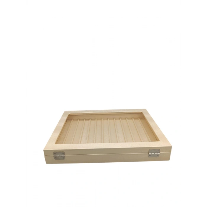 Yeni Cam Kapaklı İmera Deri Kumaş Krem Renk 34 cm / 24 cm Bölmeli Kolye-Bileklik Tablası