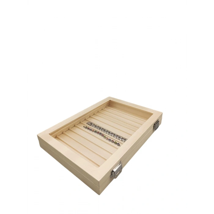 Yeni Cam Kapaklı İmera Deri Kumaş Krem Renk 34 cm / 24 cm Bölmeli Kolye-Bileklik Tablası
