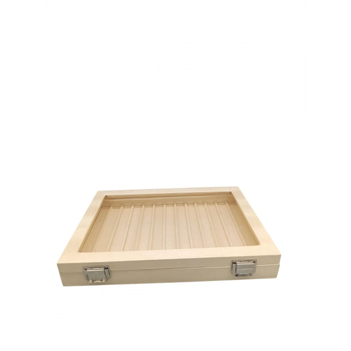 Yeni Cam Kapaklı İmera Deri Kumaş Krem Renk 34 cm / 24 cm Bölmeli Kolye-Bileklik Tablası