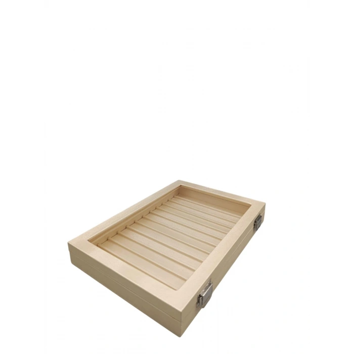 Yeni Cam Kapaklı İmera Deri Kumaş Krem Renk 34 cm / 24 cm Bölmeli Kolye-Bileklik Tablası