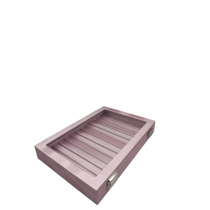 Yeni Cam Kapaklı İmera Deri Kumaş Pembe Renk 34 cm / 24 cm Bölmeli Kolye-Bileklik Tablası