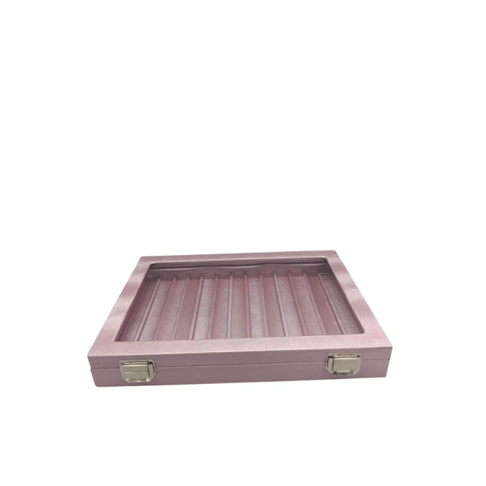 Yeni Cam Kapaklı İmera Deri Kumaş Pembe Renk 34 cm / 24 cm Bölmeli Kolye-Bileklik Tablası