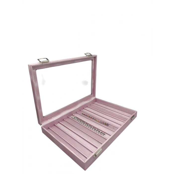 Yeni Cam Kapaklı İmera Deri Kumaş Pembe Renk 34 cm / 24 cm Bölmeli Kolye-Bileklik Tablası