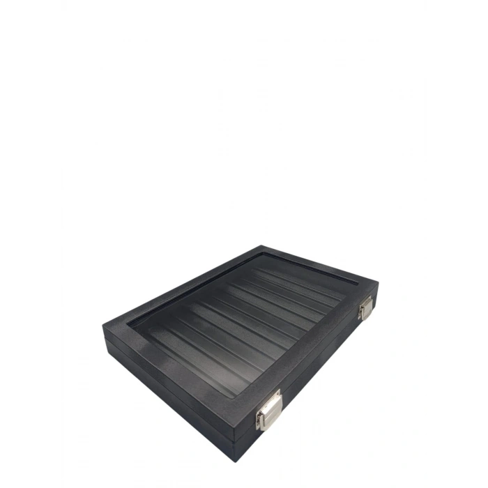 Yeni Cam Kapaklı İmera Deri Kumaş Siyah Renk 34 cm / 24 cm Bölmeli Kolye-Bileklik Tablası