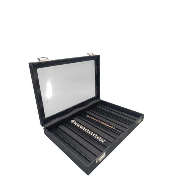 Yeni Cam Kapaklı İmera Deri Kumaş Siyah Renk 34 cm / 24 cm Bölmeli Kolye-Bileklik Tablası