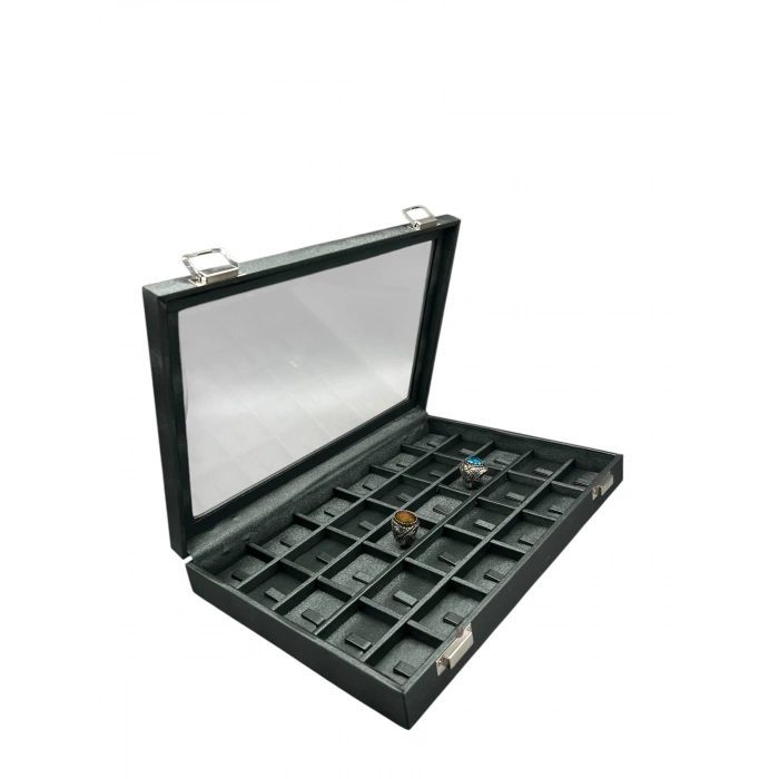 Yeni Cam Kapaklı İmera Deri Kumaş Yeşil Renk 34 cm / 24 cm Bölmeli Tırnaklı Yüzük Tablası