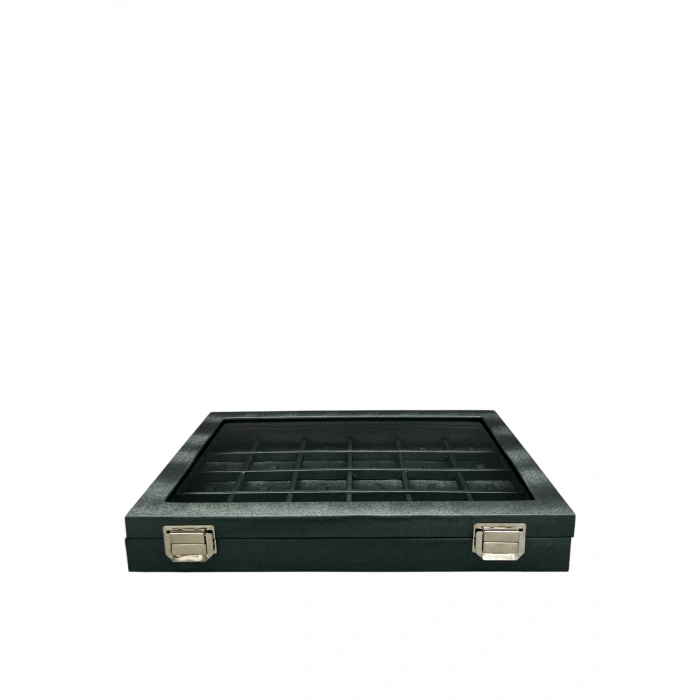 Yeni Cam Kapaklı İmera Deri Kumaş Yeşil Renk 34 cm / 24 cm Bölmeli Tırnaklı Yüzük Tablası