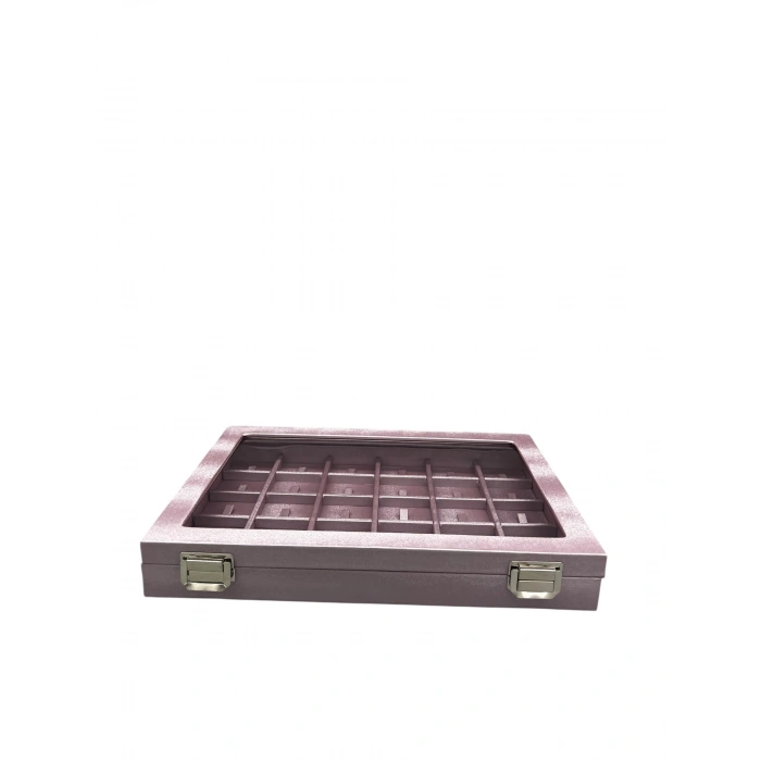 Yeni Cam Kapaklı İmera Deri Kumaş Pembe Renk 34 cm / 24 cm Bölmeli Tırnaklı Yüzük Tablası