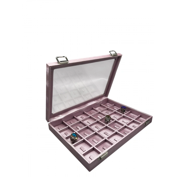 Yeni Cam Kapaklı İmera Deri Kumaş Pembe Renk 34 cm / 24 cm Bölmeli Tırnaklı Yüzük Tablası