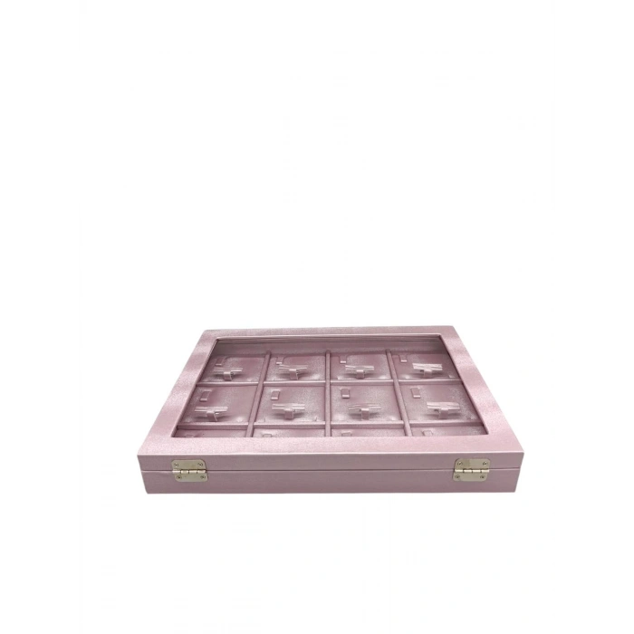 Yeni Cam Kapaklı İmera Deri Kumaş Pembe Renk 34 cm / 24 cm Bölmeli Kolye Tablası