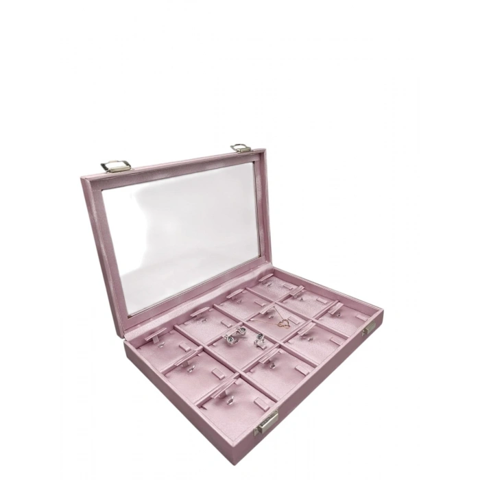 Yeni Cam Kapaklı İmera Deri Kumaş Pembe Renk 34 cm / 24 cm Bölmeli Kolye Tablası