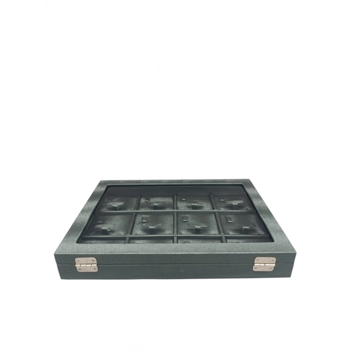 Yeni Cam Kapaklı İmera Deri Kumaş Yeşil Renk 34 cm / 24 cm Bölmeli Kolye Tablası