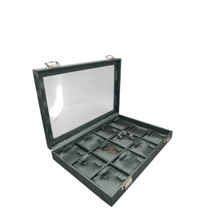 Yeni Cam Kapaklı İmera Deri Kumaş Yeşil Renk 34 cm / 24 cm Bölmeli Kolye Tablası