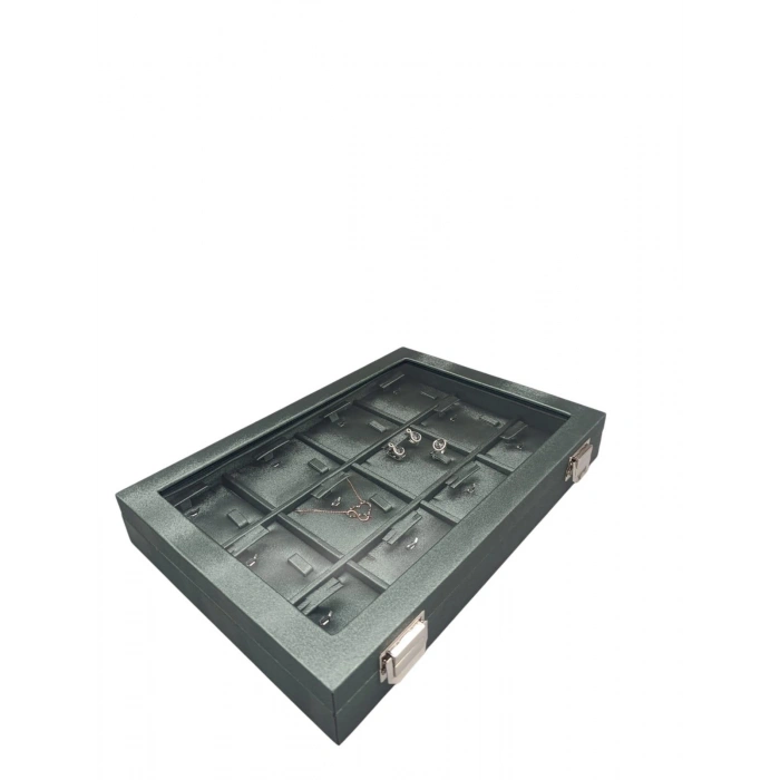 Yeni Cam Kapaklı İmera Deri Kumaş Yeşil Renk 34 cm / 24 cm Bölmeli Kolye Tablası