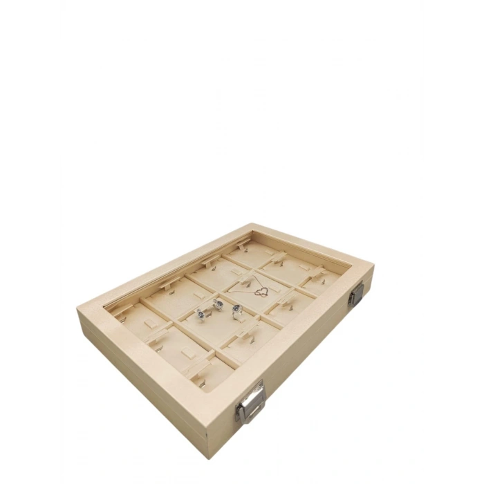 Yeni Cam Kapaklı Imera Deri Kumaş Krem Renk 34 Cm / 24 Cm Bölmeli Kolye Kutusu