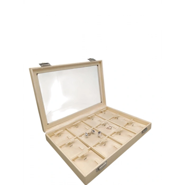 Yeni Cam Kapaklı Imera Deri Kumaş Krem Renk 34 Cm / 24 Cm Bölmeli Kolye Kutusu