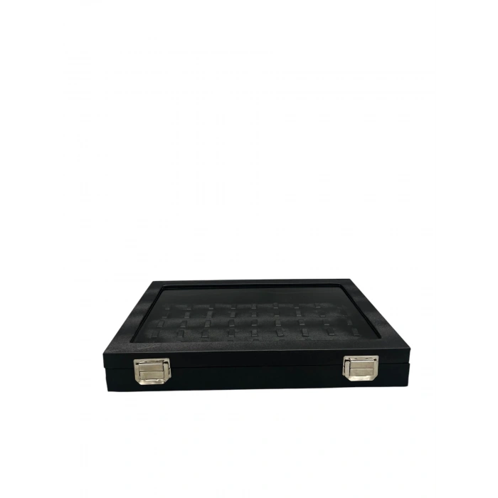 Yeni Cam Kapaklı İmera Deri Kumaş Siyah Renk 34 cm / 24 cm Tırnaklı Yüzük Tablası