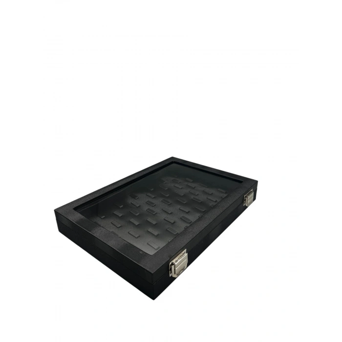 Yeni Cam Kapaklı İmera Deri Kumaş Siyah Renk 34 cm / 24 cm Tırnaklı Yüzük Tablası