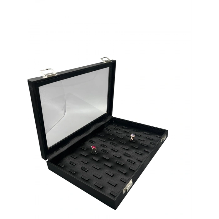 Yeni Cam Kapaklı İmera Deri Kumaş Siyah Renk 34 cm / 24 cm Tırnaklı Yüzük Tablası