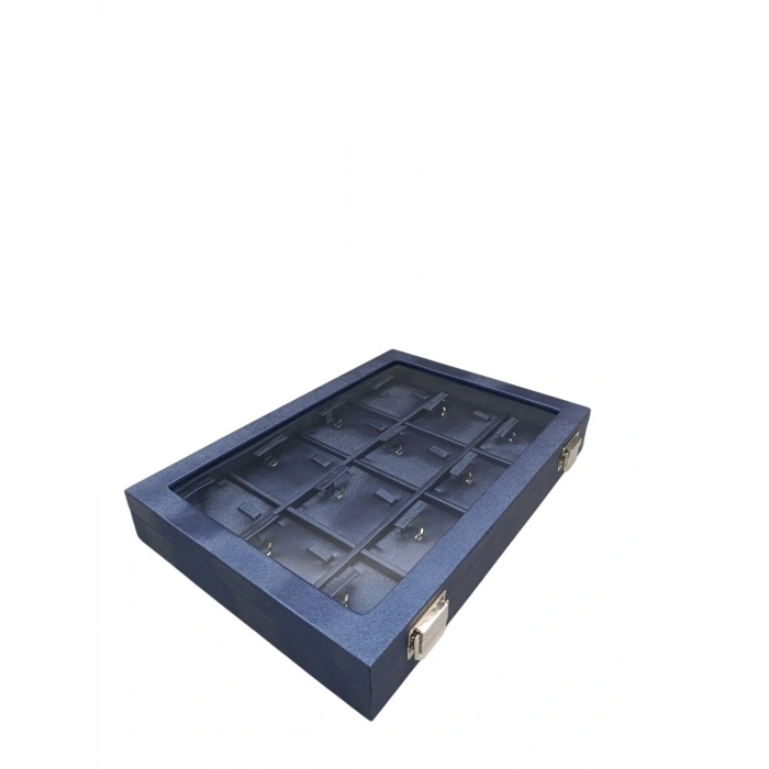 Yeni Cam Kapaklı İmera Deri Kumaş Lacivert Renk 34 cm / 24 cm Üçlü Set Tablası