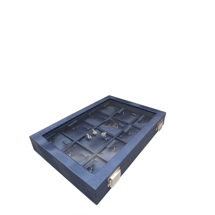 Yeni Cam Kapaklı İmera Deri Kumaş Lacivert Renk 34 cm / 24 cm Üçlü Set Tablası