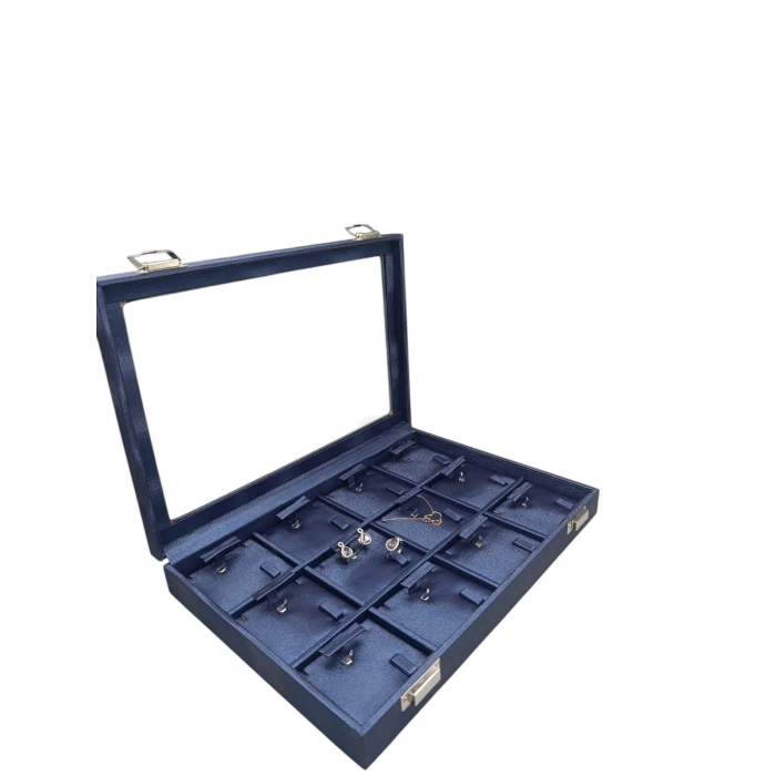 Yeni Cam Kapaklı İmera Deri Kumaş Lacivert Renk 34 cm / 24 cm Üçlü Set Tablası