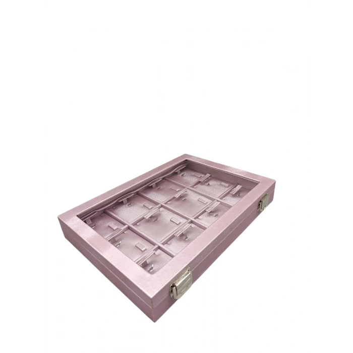 Yeni Cam Kapaklı İmera Deri Kumaş Pembe Renk 34 cm / 24 cm Üçlü Set Tablası