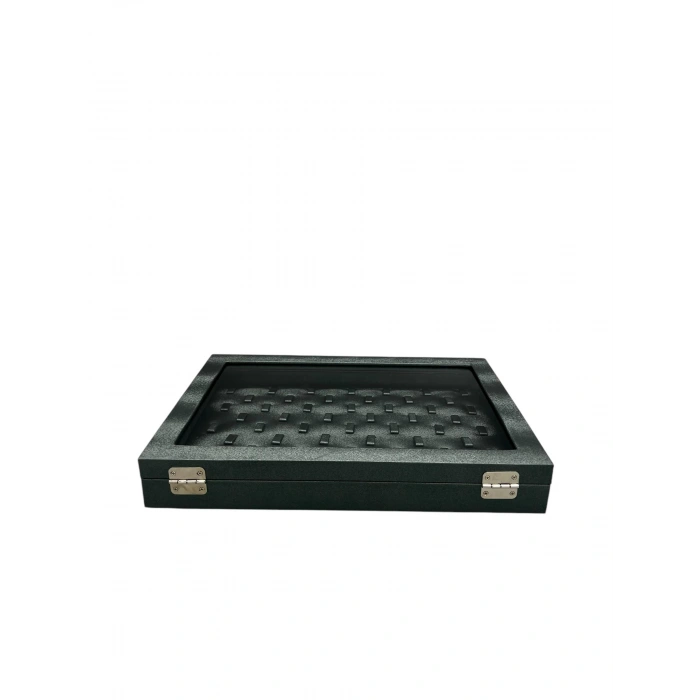 Yeni Cam Kapaklı İmera Deri Kumaş Yeşil Renk 34 cm / 24 cm Tırnaklı Yüzük Tablası