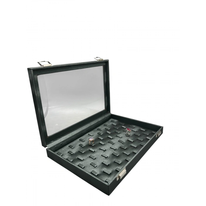 Yeni Cam Kapaklı İmera Deri Kumaş Yeşil Renk 34 cm / 24 cm Tırnaklı Yüzük Tablası