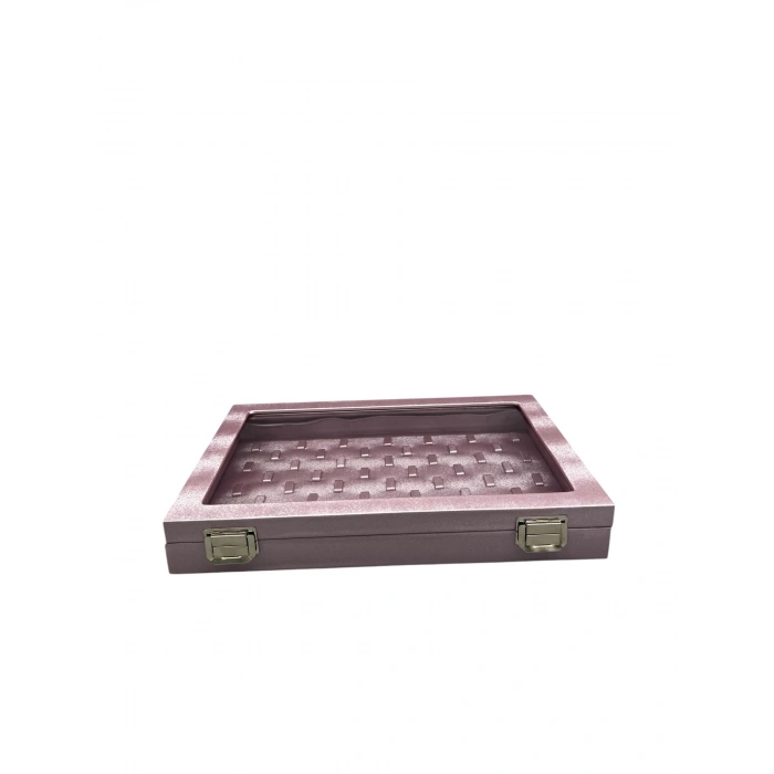 Yeni Cam Kapaklı İmera Deri Kumaş Pembe Renk 34 cm / 24 cm Tırnaklı Yüzük Tablası