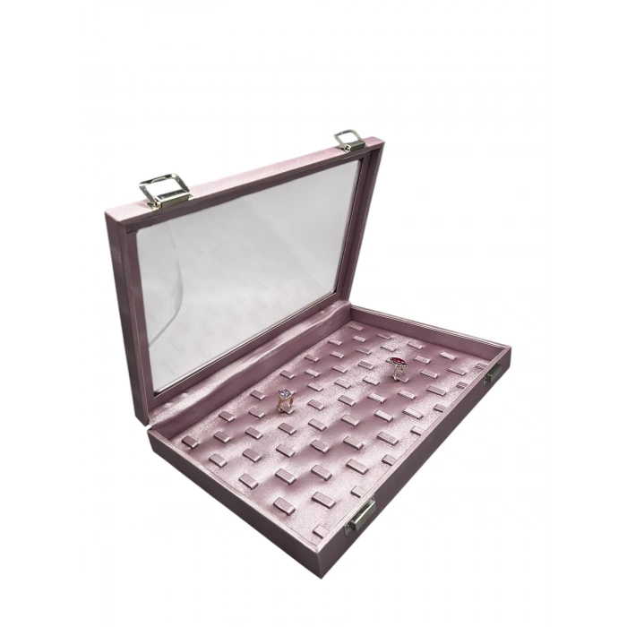 Yeni Cam Kapaklı İmera Deri Kumaş Pembe Renk 34 cm / 24 cm Tırnaklı Yüzük Tablası