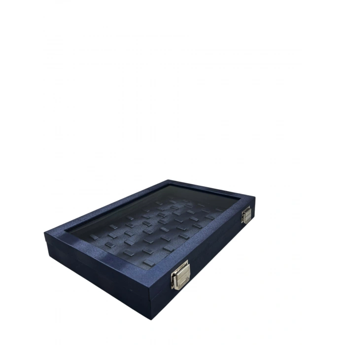 Yeni Cam Kapaklı İmera Deri Kumaş Lacivert Renk 34 cm / 24 cm Tırnaklı Yüzük Tablası