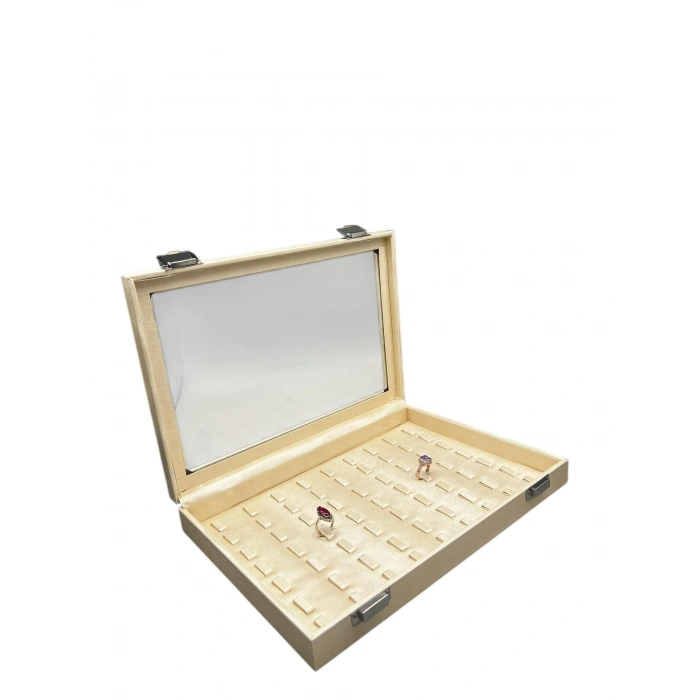 Yeni Cam Kapaklı İmera Deri Kumaş Krem Renk 34 cm / 24 cm Tırnaklı Yüzük Tablası