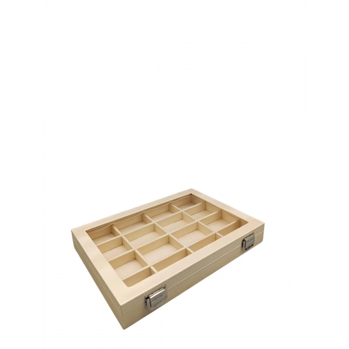 Yeni Cam Kapaklı İmera Deri Kumaş Krem Renk 34 cm / 24 cm Bölmeli Tırnaklı Yüzük Tablası