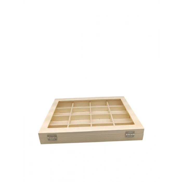 Yeni Cam Kapaklı İmera Deri Kumaş Krem Renk 34 cm / 24 cm Bölmeli Tırnaklı Yüzük Tablası