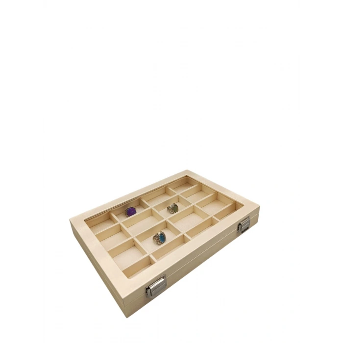 Yeni Cam Kapaklı İmera Deri Kumaş Krem Renk 34 cm / 24 cm Bölmeli Tırnaklı Yüzük Tablası