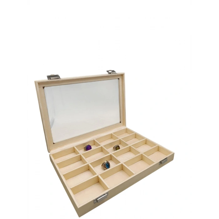 Yeni Cam Kapaklı İmera Deri Kumaş Krem Renk 34 cm / 24 cm Bölmeli Tırnaklı Yüzük Tablası