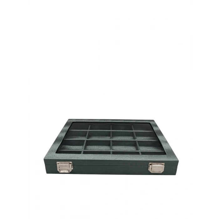 Cam Kapaklı İmera Deri Kumaş Yeşil Renk 34 cm / 24 cm Bölmeli Takı Standı