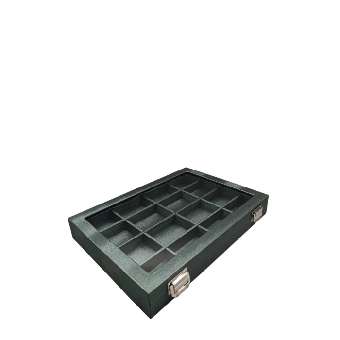 Cam Kapaklı İmera Deri Kumaş Yeşil Renk 34 cm / 24 cm Bölmeli Takı Standı