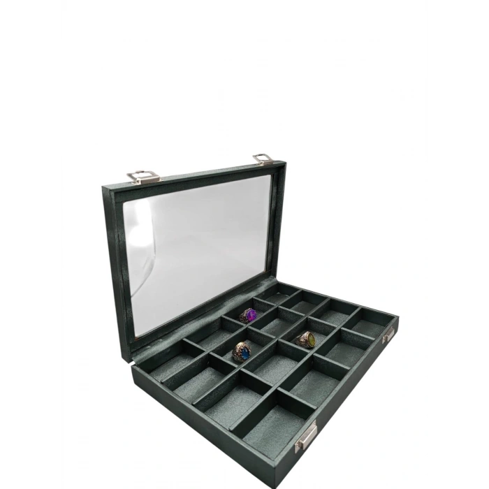 Cam Kapaklı İmera Deri Kumaş Yeşil Renk 34 cm / 24 cm Bölmeli Takı Standı