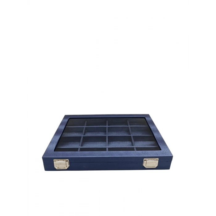 Cam Kapaklı İmera Deri Kumaş Lacivert Renk 34 cm / 24 cm Bölmeli Takı Standı