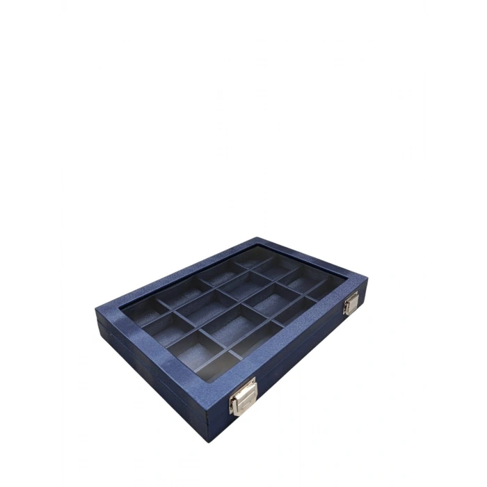 Cam Kapaklı İmera Deri Kumaş Lacivert Renk 34 cm / 24 cm Bölmeli Takı Standı