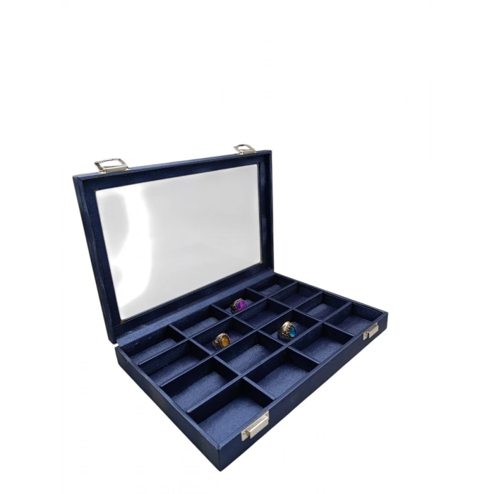 Cam Kapaklı İmera Deri Kumaş Lacivert Renk 34 cm / 24 cm Bölmeli Takı Standı