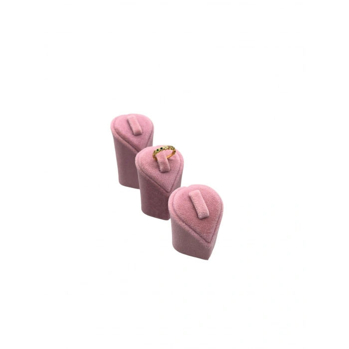 Kalp Model Süet Kumaş Pembe Renk Üçlü Takım Yüzük Sergileme Aksesuar