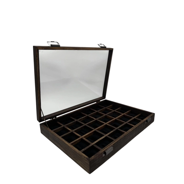 Ahşap El Boyaması Çift Renk 24x34 Cm Cam Kapak Çıtalı Yüzük Standı